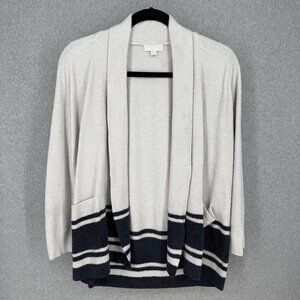 Barefoot Dreams Womens CozyChic Lite Long Cardigan Size L Light Gray Blue Stripe